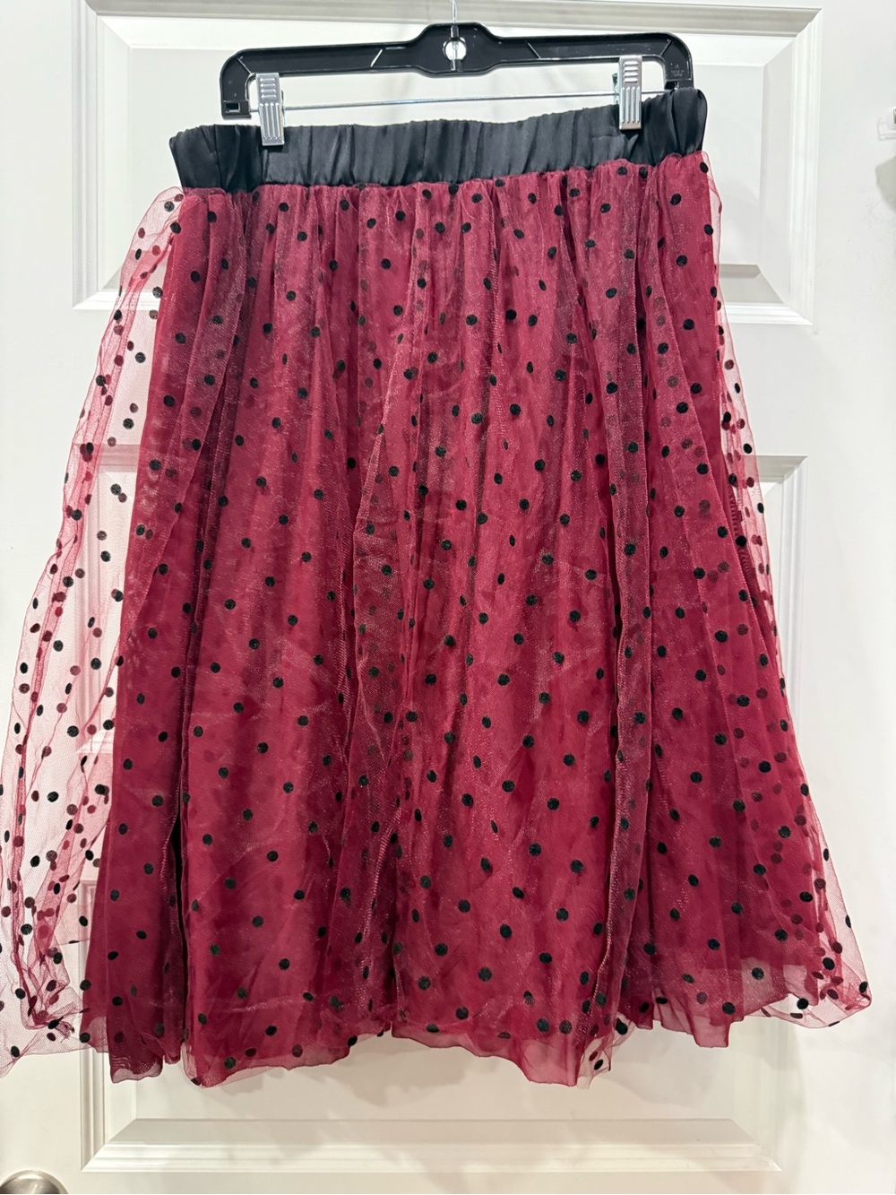 Draper James Burgundy Tulle Midi Skirt with Black Polka Dots and Black Waistband - Picture 5 of 7